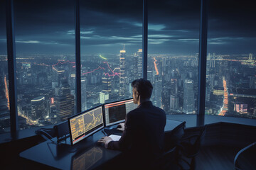 Finance trade manager analysing stock market, crypto or forex indicators for best investment strategy, financial data and charts with business buildings in background