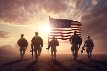 Group or army soldiers salute and honor the USA american flag, memorial day to remember war victims