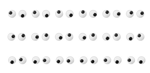 Fototapeta premium Plastic wobbly animated puppet toy eyes. Doll or toy moving realistic eyeballs, puppet or funny character isolated vector glossy glass or plastic wobbly eyes with irises looking up, down and sideways