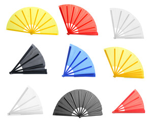 Collage with beautiful hand fans on white background