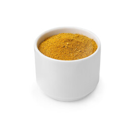 Bowl with curry powder isolated on white
