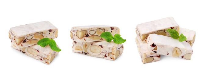 Delicious nougat with nuts and mint on white background, collage design