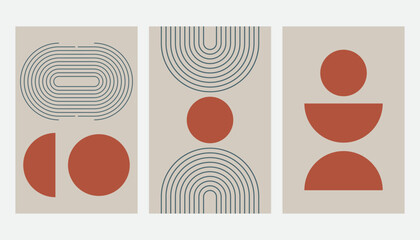 Set of mid century poster abstract geometric shape contemporary. Design for wallpaper, background, wall decor, cover, print, card, branding. Modern trendy boho minimalist art.