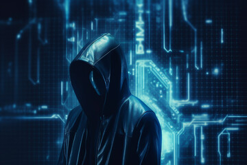 Anonymous hacker wearing mask on cyber data matrix background