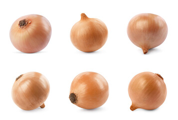 Collage with fresh unpeeled onion bulbs on white background