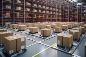 Logistics Warehouse automated Storage and packages retrieval systems, concept of smart technology inventory management conveyor systems, computer vision technology