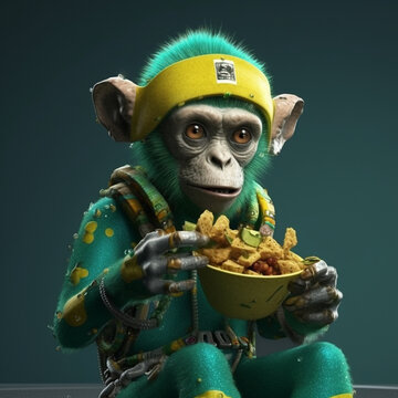 young green monkey having a snack sitting with details on the clothes in yellow