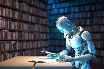 Fototapeta premium Artificial intelligence humanoid robot inside library, concept of machine learning, concept of futuristic smart technology