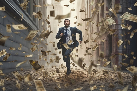 Illustration of business man wearing a suit running while money is flying through the air, concept of investing and getting rich