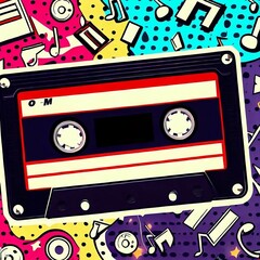 Vintage Retro Style Hipster 80's 90's Cassette with Blank Label Mockup Template Pop Art Music Symbols Background Thin Audio Magnetic Tape Recorder Listen on Headphones, Music Collection, Generative AI