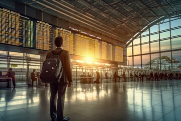 Generative AI Illustration of a businessman from behind looking at the screen with the information of departure and arrival times and flights in an airport