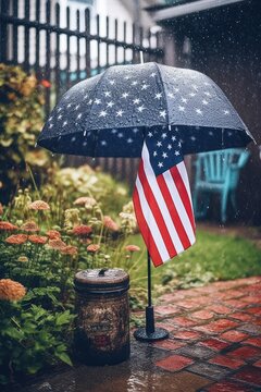American flag near the house in honor of Memorial Day, July 4, Labor Day. Independence Day. rainy weather. generative ai