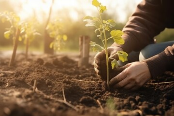Planting vegetable seedlings in chernozem, a type of farmer growing seedlings in an open garden. Ecological farming, agribusiness and hobbies. farming business. generative ai