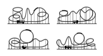 Roller coaster loop. Rollercoaster silhouette in amusement park. Funfair entertainment, festival or fairground attraction summer, vacation leisure in amusement park vector concept