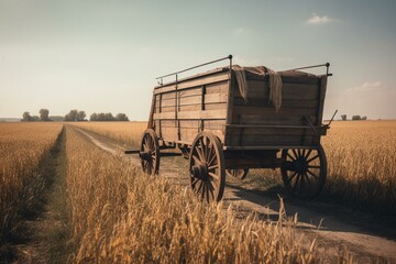 Fototapeta na wymiar Vintage wagon on highway through fields. Road trip concept. Generative AI
