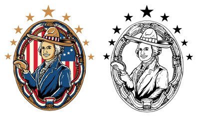 george washington holding taco wearing sombrero hand-drawing vector