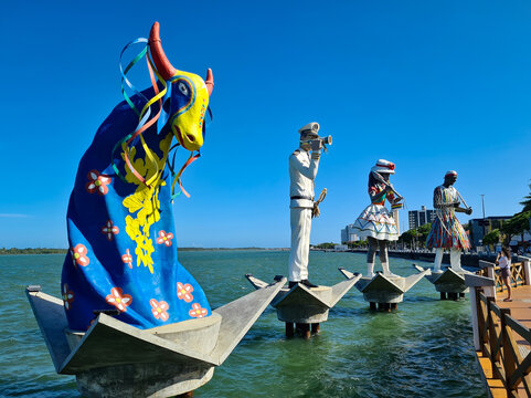 Statue of a Brazilian folklore character positioned on a river in Aracaju, Sergipe, Brazil