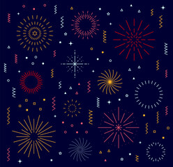 Outline holiday fireworks. Birthday, anniversary, Christmas, party and carnival tin line vector background or backdrop. Doodle holiday or festival fireworks color explosions, sparks and flashes