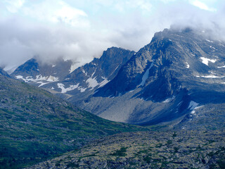 Rugged mountains and the valleys cloud covered near Aiyansh British Columbia in Canada