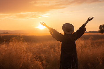 Woman with arms outstretched toward sunrise.