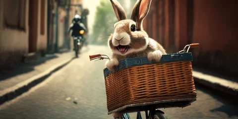 Fotobehang rabbit have fun bicycle ride on sunshine day in summer on town street Generative AI © Summit Art Creations