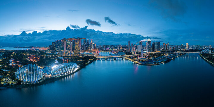 Aerial view of Singapore City Harbour at night, Singapore, Southeast Asia, Asia