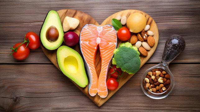 Healthy food in heart and cholesterol diet concept on vintage boards Generative AI