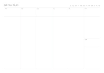 A weekly plan design template in a modern, simple, and minimalist style. Note, scheduler, diary, calendar, planner document template illustration.
