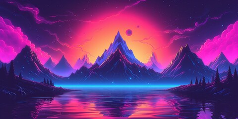 Fototapeta na wymiar Aesthetic mountain synthwave retrowave wallpaper with a cool and vibrant neon design, Generative AI