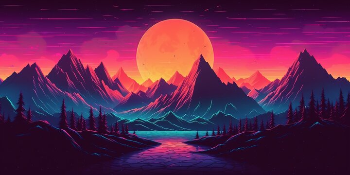 Aesthetic mountain synthwave retrowave wallpaper with a cool and vibrant neon design, Generative AI