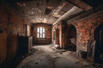 Fototapeta na wymiar An empty abandoned basement with brick walls. Generative AI
