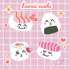 kawaii sushi and rolls vector in japan anime manga style with cute smiling face pink cheeks. Japanese traditional cuisine dishes. Chopstick, nigiri, tamago, uramaki, futomaki, wasabi flat illustration