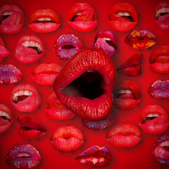 Lips and mouth. Female lip in red background. Sexy lips.