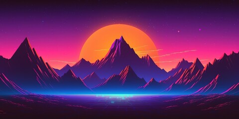 Obraz premium Aesthetic mountain synthwave retrowave wallpaper with a cool and vibrant neon design, Generative AI
