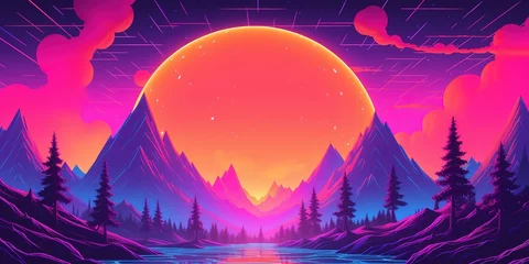 Fototapete Rosa Aesthetic mountain synthwave retrowave wallpaper with a cool and vibrant neon design, Generative AI