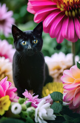 Cute Cat with flowers in the garden