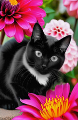Cute Cat with flowers in the garden