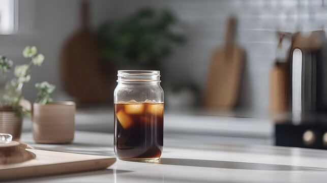 Cold brew with ice in a glass glass on the kitchen table. Coffee drinks. AI generating. Generative AI