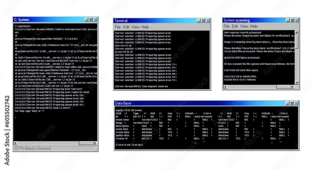 Aufkleber Vintage PC software windows interface. Desktop computer old operation system popup window, command app screen or control panel message vector frame with code line, download and installation data