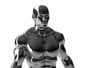 3D render. Silvery torso of a naked athletic man on a white background.