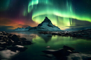 Fototapeta na wymiar Aurora Borealis Northern Lights Glowing Night Sky Mountain Lake Water Reflection Landscape 
