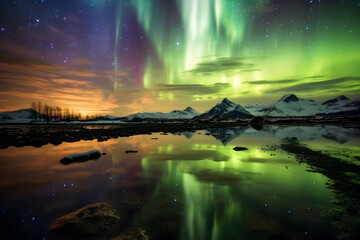 Fototapeta na wymiar Aurora Borealis Northern Lights Glowing Night Sky Lake Water Reflection Landscape