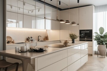 Fototapeta na wymiar Contemporary mirror reflects bright, minimalist kitchen and white architecture. Generative AI