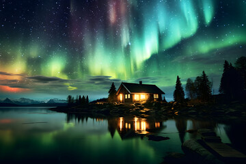 Fototapeta na wymiar Aurora Borealis Northern Lights Cabin Glowing Night Sky Lake Water Reflection Landscape