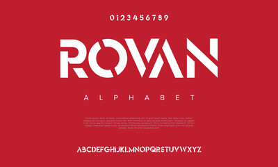 Rovan abstract digital technology logo font alphabet. Minimal modern urban fonts for logo, brand etc. Typography typeface uppercase lowercase and number. vector illustration