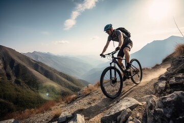 Fototapeta Active male cyclist riding bike on a mountain. Generative AI AIG18. obraz