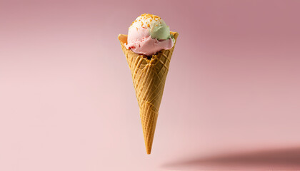 studio shot on pastel background. Summer creative minimal concept, fast food, background sweet meal, space for text. wallpaper Food levitation, Ice cream cone, sweet dessert