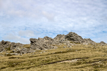 Rocky outcropping in the hills of the Falkland Islands near Stanley