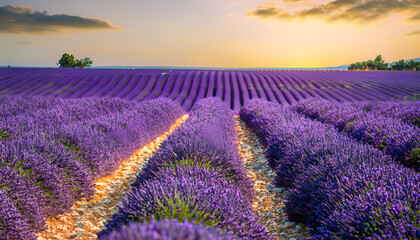 Fototapeta na wymiar Stunning summer landscape in Provence, France with blooming violet fields, Lavender.wallpaper, background, Purple lavender field in Provence at sunset