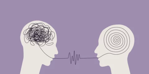 Poster Rozmowa dwóch osób. Koncept terapii - dialog, który pomaga uporządkować myśli, rozwiązać problem. © Monika